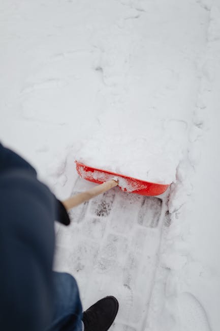 A person wearing a dark jacket and black footwear is using a red snow shovel to clear snow from a pavement outside a property. The snow shovel is partially embedded in the snow, which appears fresh and fluffy. The surrounding area is covered in snow, with some footprints visible. The scene suggests an active effort to prepare the area for a home relocation or moving process, potentially as part of a professional removals service by Hackney Removals. The background is a snow-covered walkway, indicating winter conditions typical of urban environments like Dalston E8, where narrow streets can pose logistical challenges for furniture transport and vehicle access during the loading process in a house removal. This image exemplifies the initial steps of clearing the pathway to facilitate smooth loading and transportation of household items during a moving service, with relevant equipment and materials in use to ensure safety and efficiency in the logistics.